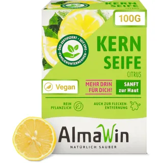 AlmaWin® Kernseife mit zartem Zitronenduft [100g] - Stückseife für sanfte Hautreinigung - Vegane Seife Bio für gründliche Reinigung in Haushalt & Werkstatt - Kernseife Zitrone, Seife