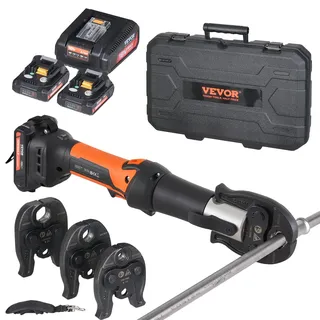 Vevor Presswerkzeug und Akku-Set, Pro Presswerkzeug, elektrisches Rohrcrimpwerkzeug mit V15-/V22-/V28-Backen, 2 Stück 18-V-2,0-Ah-Akkus, Schnellladegerät und Tragetasche