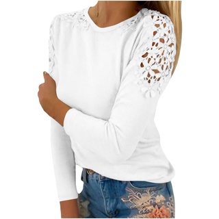 Bluse Damen Elegant Spitzenärmel Langarmshirt Sommer Einfarbig Tshirt Spitzennähte Kurzarm/Langarm T-Shirt Große Größen Rundhals Pullover Spitze Aushöhlen Tunika Tops Farbverlauf Oberteile S-5XL