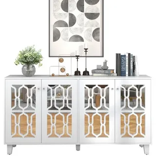 HAUSS SPOLE Sideboard Sideboard Kommode Beistellschrank Aufbewahrungsschrank (Weiß verspiegelte Anrichte mit kühlen Kristallgriffen und vier Türen), modernes Design weiß 16 cm x 84 cm x 40 cm