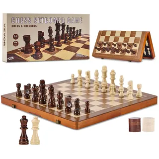 Vevor Magnetisches Schachspiel aus Holz, 2-in-1 Schach-Dame-Spielset, Klappbare Schachbrettspiele für Erwachsene & Kinder, Tragbares Reisegeschenk-Schachspiel für Turniere, Professionelle Anfänger