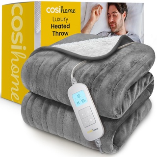 Cosi Home Heizdecke 180x130 cm - Elektrische Wärmedecke mit Abschaltautomatik, Überhitzungsschutz, Waschbar, Kuscheliges Sherpa & Fleece, 10 Heizstufen mit digitaler Fernbedienung - Grau