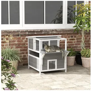 PawHut Outdoor-Katzenhaus Tannenholz, Katzenhaus mit Balkon, Eingängen,