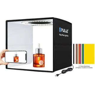PULUZ Mini fotobox 25x25cm zum für produktfotografie Photo Box faltbar fotostudio lichtzelt, tragbar Foto Box klein CRI 97+ mit dimmbar 96 LED Beleuchtung & 12 Farbhintergründe