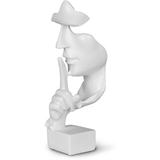greafy Deko Skulptur Silence Weiß - Abstraktes Gesicht Schweigen Statue aus Harz Figur Denker auf schwarzem Sockel als Wohnzimmer Deko modern, Dekofigur für Schlafzimmer & Büro, 27cm Hoch