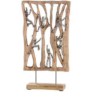 Gilde - Deko Skulptur XL Climbing Wall - großes Dekoobjekt aus Holz mit Figuren aus Aluminium - Höhe 54 cm Farbe: Natur Silber