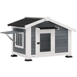 PawHut Hundehütte für draußen aus Holz mit herausnehmbarem Boden – Erhöhter Gartenunterstand mit Türvorbau und wasserdichtem Dach – Hundehütte für mittelgroße und kleine Hunde mit zu öffnendem
