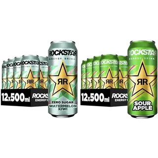 Rockstar Energy Drink Watermelon Kiwi Zero Sugar (12 x 500ml) + Rockstar Energy Drink Sour Apple (12 x 500ml)