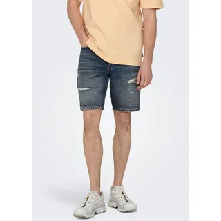 Only & Sons Herren Shorts Denim Midi Bermuda Mid Waist Pants Baumwolle Five-Poket Hose, Farben:Dunkelblau, Größe:XL