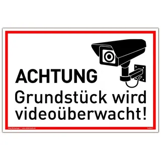 Dreifke Schild Achtung Grundstück wird videoüberwacht! weiß | Alu Schild mit UV-Schutz 30 x 20 cm