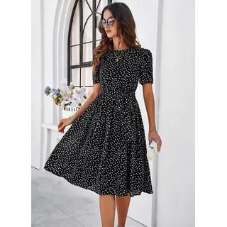 DEBAIJIA Dirndl Damenkleid Kurzarmkleid Punktmuster Knielanges Midikleid Lässig schwarz XL