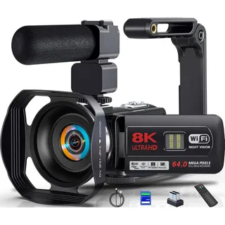 Videokamera Camcorder 8K 64MP WiFi Vlogging Camera mit IR Nachtsicht für YouTube, 3-Zoll-Touchscreen 18X Digitalzoom Webcam Kamera mit 2 Akkus,64GB SD Karte,Mikrofon,Stabilisator,und Fernbedienung