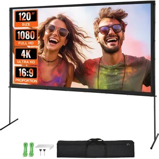 Vevor Projektion Beamer Leinwand mit Ständer 304,8 cm HD 4K Outdoor Indoor Projektor Screen Schnelles Klappbare Tragbare Filmleinwand 16: 9 für Heimkino, Camping, Freizeitveranstaltungen usw. Schwarz