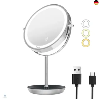 Auxmir Wiederaufladbar Kosmetikspiegel mit LED Beleuchtung und 1X/20X Vergrößerung, 8" Schminkspiegel mit Licht, 3 Lichtfarben Dimmbar und 360° Schwenkbar, Doppelseitiger Spiegel für Zuhause