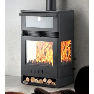 Teba Kaminofen mit Backfach Panoramakamin Dreiseitig Glas 3 Scheiben Teba TKS 15 Verglast 3 Seiten Holzofen 12,8 kW Kamin Ofen Holz Holzherd Küchenofen - Schwarz