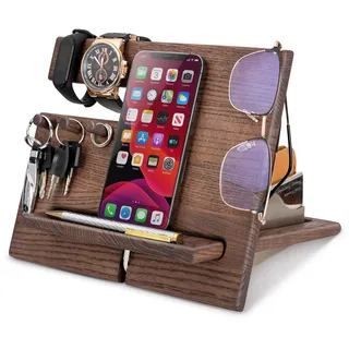 TESLYAR Schreibtisch Organizer Holz Eschenholz Wenge - Handy Ständer & Schlüssel Organizer mit 3 Haken für Büro Aufbewahrung & Organisation - Geschenke aus Holz für Männer Ideen