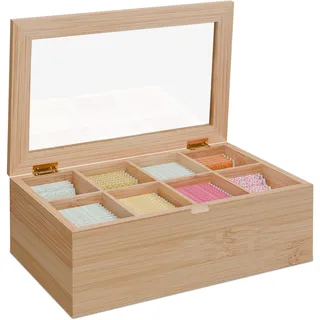 Relaxdays Teebox, 8 Fächer, Teebeutel Aufbewahrung, Bambus, Teekiste mit Sichtfenster, HBT: 10,5 x 32 x 20 cm, natur