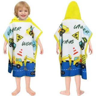 decalsweet Badeponcho mit Kapuze Kind Poncho Handtuch, Weich und Saugfähig Strandtücher Kinderhandtuch, Badetücher Badehandtuch Bademantel für Jungen und Mädchen Strand Schwimmen Dusche (Baufahrzeug)