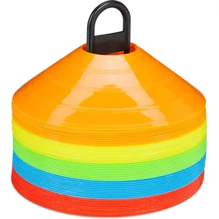 Relaxdays Markierungshütchen 50er Set, 5 Farben, Trainingshütchen für Fußball & Handball, mit Halter, Sporthütchen, bunt