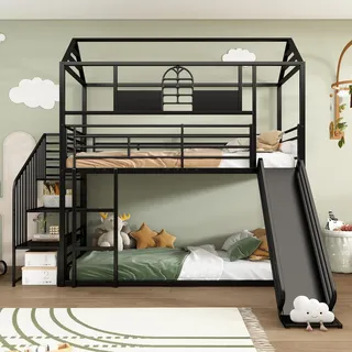 Merax Hochbett Kinderbett 90x200cm mit Rutsche und Treppe, Etagenbett aus Metall, Eisenbett mit Zwei Lattenrost & Rausfallschutz, Stockbett mit Dach & Fenster, für Jugendliche & Erwachsene, Schwarz