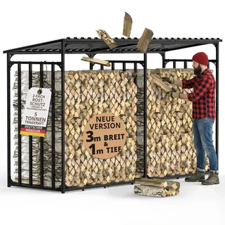 lawa living and lifestyle Kaminholzregal Metall 300 x 105 x 185 cm Außen mit Dach Schwarz