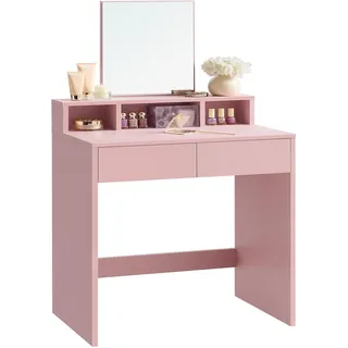 VASAGLE Schminktisch mit Spiegel, Frisiertisch, 2 Schubladen, 3 offene Fächer, Kosmetiktisch, modern, pastellrosa