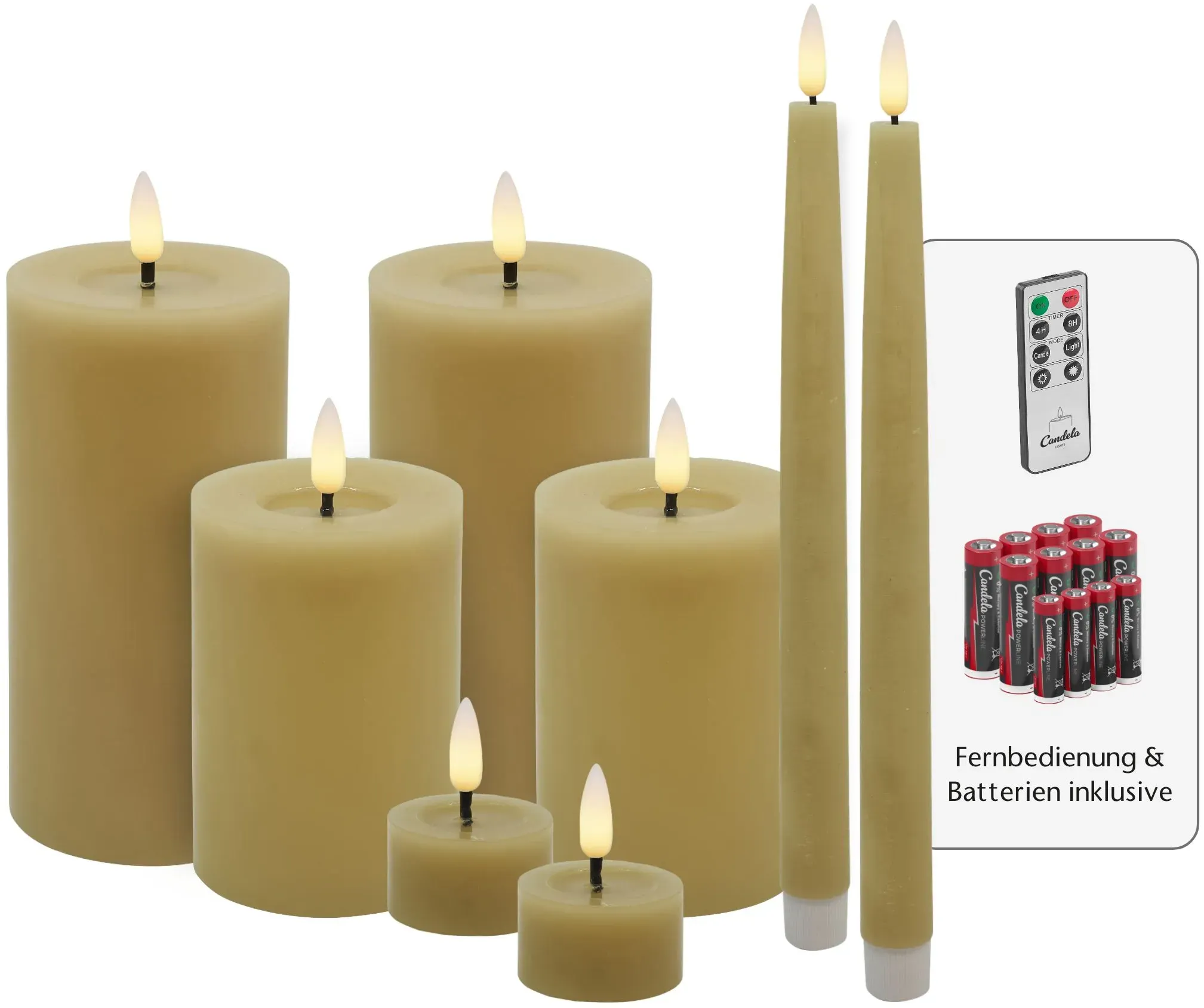 Candela Lights LED Kerzen 8er Set Winter vanilla glatt Echtwachs inklusive Fernbedienung und Batterien Timer Funktion & mehrstufig dimmbar flammenlos Echtwachskerzen Stumpenkerzen