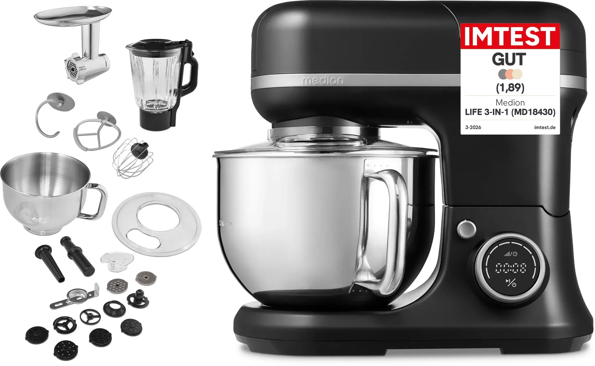 MEDION LIFE 3-in-1 Digitale Küchenmaschine MD18430, 1.200 W, 8 Geschwindigkeitsstufen, Digitales Sensor-Touch-Display, umfangreiches Zubehör
