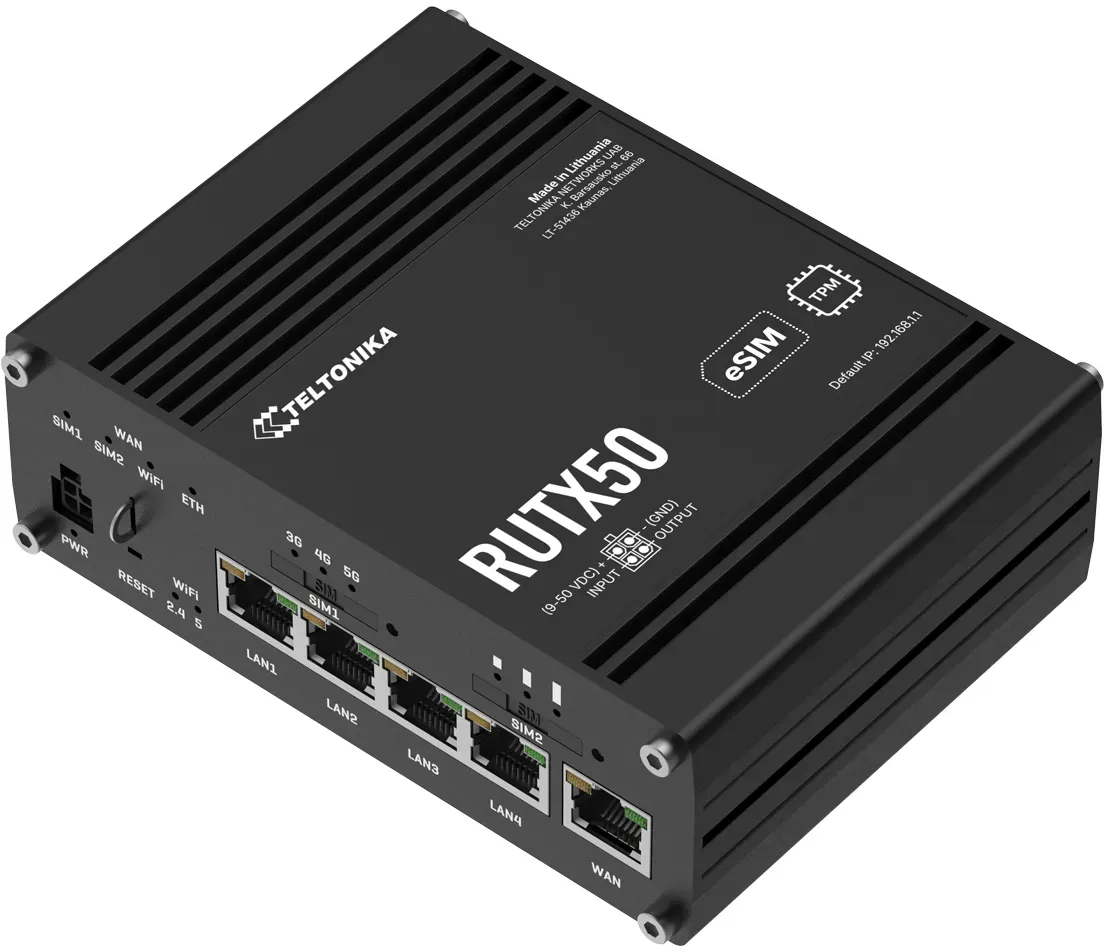Teltonika RUTX50 5G Router 5G DL bis zu 3,3 Gbit/s, 4G DL bis zu 2 Gbit/s, Dual-SIM, 5x Gigabit Ethernet