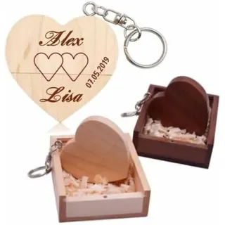Personalisierte USB-Stick + Geschenkbox aus Holz massiv mit Gravur Wunschtext Herz Liebe Hochzeit Wunschgravur Speicherstick Flash Drive 32/64/128 GB 3.0 Geschenkidee individuell Nussbaum, 64GB 3.0