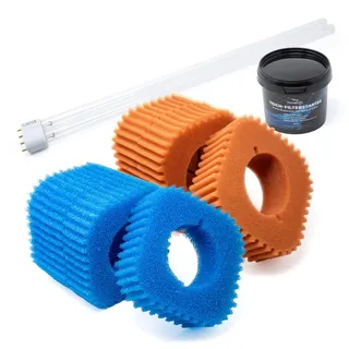 VIALIA Wartungspaket für Oase FiltoClear 16000 | Ersatzteil Set mit 24W UVC Lampe | Inkl. 7X Filterschwämme (4X blau, 3X rot) & Filterstarter | Für kristallklares Wasser & gegen Algen
