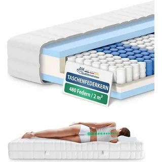 AM Qualitätsmatratzen | Orthopädische 7-Zonen Taschenfederkernmatratze | 140x180 cm | H2 | 140/180 | Federkernmatratze | Härtegrad H2 | 7 Zonen ...