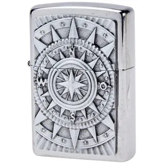 Zippo Sturmfeuerzeug - Compass, Brushed Chrome, Emblem - Nachfüllbar - Wiederverwendbar - Windfestes Design - Geschenkbox - Made in USA