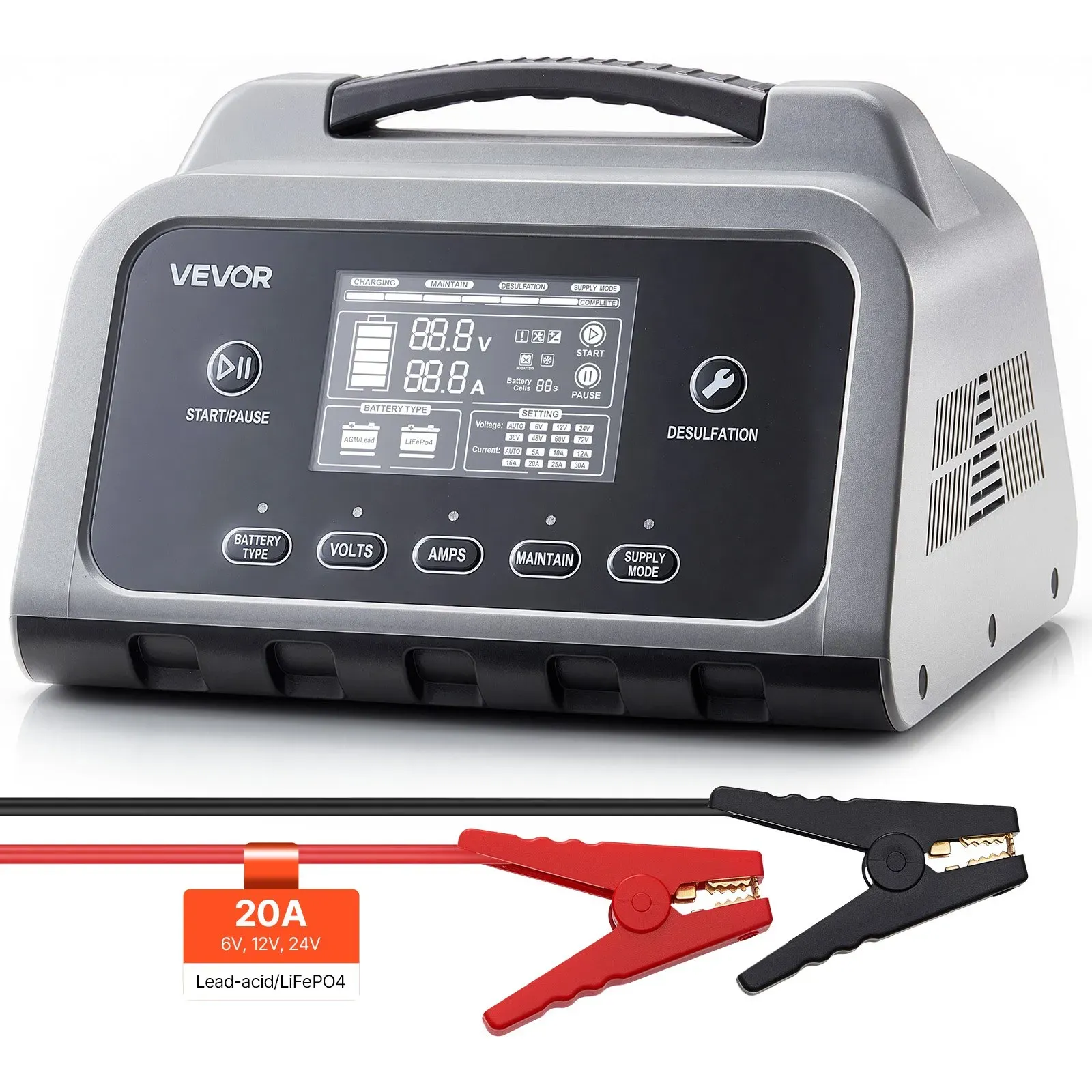 VEVOR Autobatterieladegerät 20A Batterieladegerät 6V/12V/24V, Intelligentes Ladegerät für Blei-Säure & Lithium LiFePO4 Batterien, mit 7-Stufen-Ladung Reparaturmodus LCD-Display für Auto Motorrad Boot