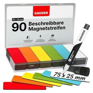 Gauder Magnetetiketten beschreibbar - Wiederverwendbare Magnetschilder zum Beschriften für Whiteboard, Tafel, Kanban-Board und Kühlschrank - Magnetkarten mit Marker (90 Stück - 75 x 25 mm)