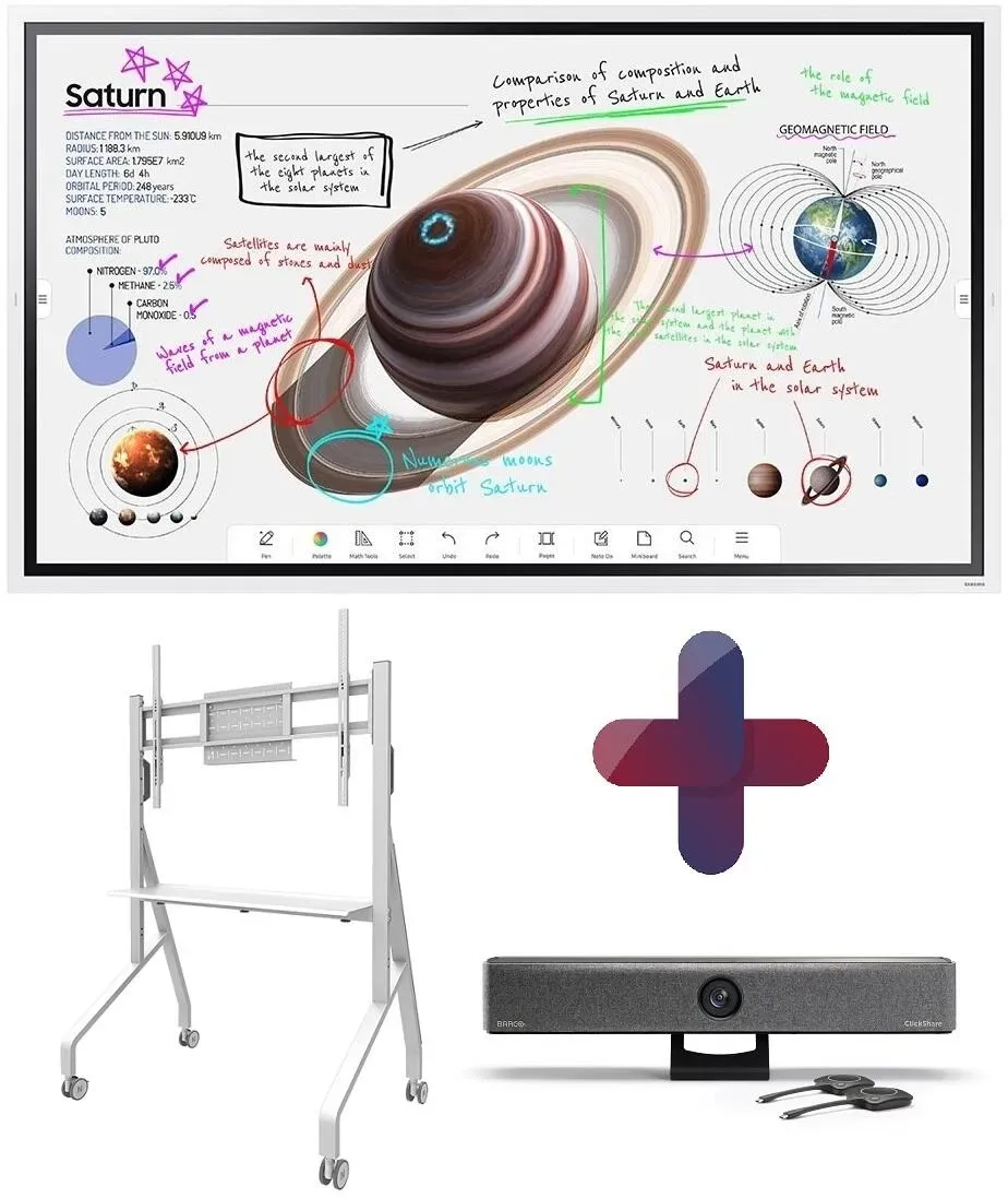 All-in-One Videokonferenzlösung Samsung Flip Pro WM65B, Neomounts FL50-525WH1, Barco Clickshare Bar Pro & Halterung