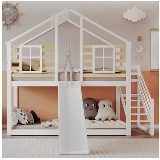 Flieks Etagenbett, Hochbett mit oberem Lattenrost Kinderbett mit Treppe &Rutsche 90x200cm weiß