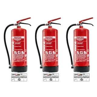 3 Pulver-Feuerlöscher – Protex Pulverfeuerlöscher – 6 kg - für die Brandklassen ABC – Zertifiziert nach DIN EN 3 und CE – je 9,5 kg – mit praktischer Halterung – mit Prüfplakette - Made in EU