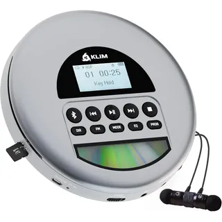 KLIM Nomad tragbarer CD-Player (Bluetooth, tragbarer Discman mit Kopfhörer, Ideal für Autos, MP3) grau
