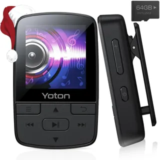 Yoton MP3-Player mit Bluetooth 5.2, 64 GB Speicher, FM-Radio, Sprachaufnahme, unabhängiger Lautstärkeregler, inkl. Kopfhörer, erweiterbar auf bis zu 128 GB SD-Karte