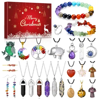 Schmuck Adventskalender 2024 Für Frauen Teenager Mädchen, 24 Stück Natürlicher Edelstein Schmuck Halskette Ring Armband Ohrringe, Geschenk Für Mama Freundin Tochter, Mit Deutscher Anleitung