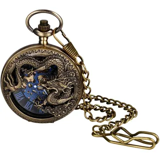 JewelryWe Taschenuhr Herren Antik Drachen Skelett Automatikuhr Automatik Mechanische Kettenuhr Vintage Uhr Anhänger mit Halskette Kette für Männer Bronze