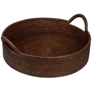 fiolini Dekotablett / Serviertablett Rattan Rund Ø 40 cm mit hohem Rand und Griffen, handgefertigt braun