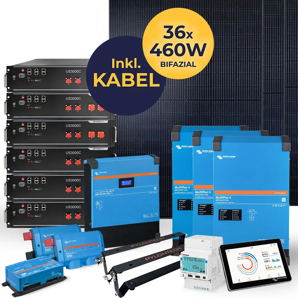 16,56 kW Photovoltaikanlage mit Speicher 21 kWh | HUSATECH SunnyHome XL | 3-phasig mit Victron MultiPlus II 48/5000/70-50 + MPPT 450/200 + 16380Wp + Pylontech US3000C