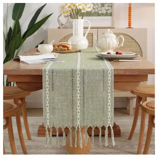 TUWENA Tischläufer Tischläufer,Landhausstil Tischdecke,Vintage Waschbar Tisch mit Fransen grün