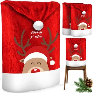 Kesser KESSER® Premium Weihnachtsstuhlüberzug Set Stuhlhussen für Weihnachten Nikolausmütze Stuhlbezug Husse Weihnachtsdeko für Stühle Überzieher Rot / Weiß