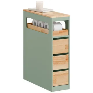 SoBuy Badezimmerschrank mit Rollen, Schmal Badschrank mit 3 Schubladen – Kompakte Kommode aus Holz, Beweglicher Nischenschrank für kleine Bäder, WC und Küche, Grün 65x24x82cm BZR54-II-GR