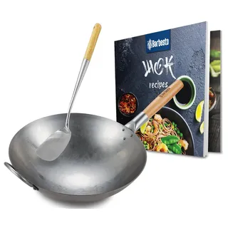 CLP Wok Set aus Karbonstahl I Flacher oder runder Boden für Gas, Induktion und Grill I Wokpfanne mit Holzgriff, Rezeptbuch & Wokwender