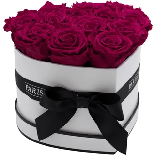 Rosenbox Herz Weiß mit Schleife und 8 Pinke Rosen