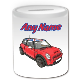 Personalisiertes Geschenk – Rot Mini Cooper Union Jack Dach Aufkleber Spardose (Design Thema, weiß) – Für jede Nachricht/Name auf Ihrem Einzigartig – BMW Hatch Cabrio Clubman Countryman Coupe Roadster Paceman Fahrzeug Auto Automarke Cute Treiber